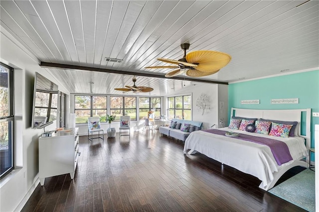 bedroom with ceiling fan, wood ceiling, dark wood-type flooring, and multiple windows