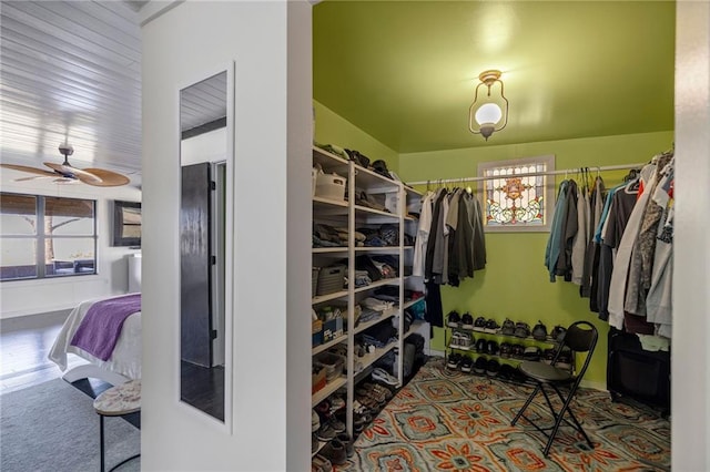 spacious closet featuring carpet floors, vaulted ceiling, and ceiling fan