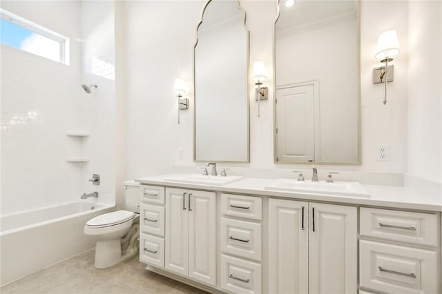 full bathroom with vanity,  shower combination, tile patterned floors, toilet, and ornamental molding