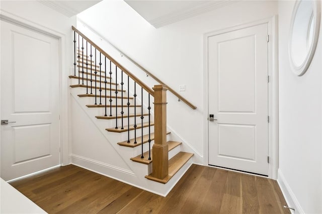 staircase featuring crown molding and hardwood / wood-style floors