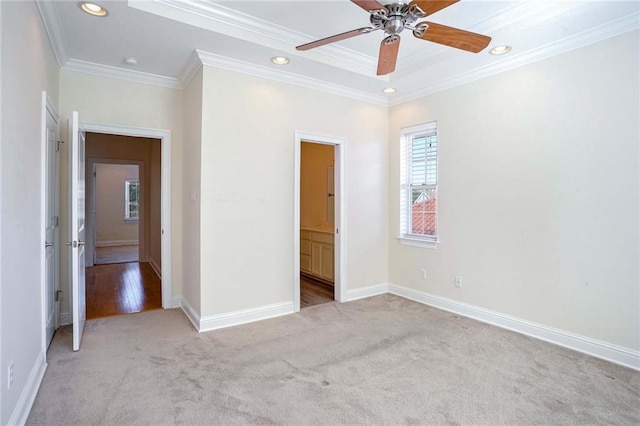 5913 Catina St, New Orleans, LA 70124 - unfurnished bedroom featuring carpet flooring, crown molding, recessed lighting, ensuite bathroom, and ceiling fan