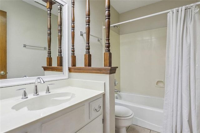 full bathroom featuring tile patterned floors, shower / bath combination with curtain, toilet, and vanity