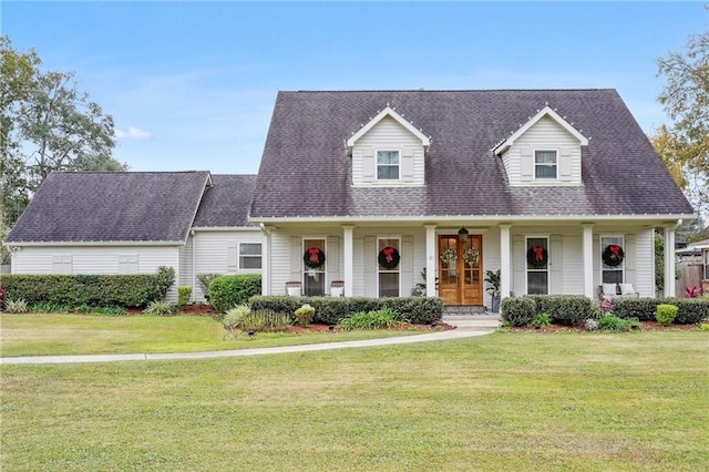 cape cod house with a front lawn and a porch