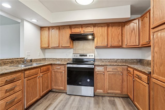 kitchen with sink, light wood-type flooring, stone counters, and electric stove