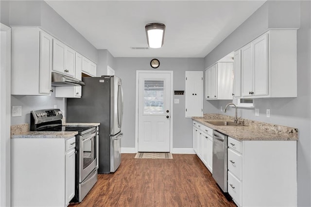 kitchen with white cabinets, stainless steel appliances, dark hardwood / wood-style floors, and sink