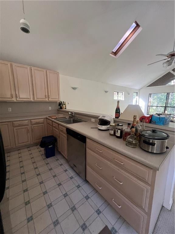 kitchen with ceiling fan, dishwasher, light brown cabinets, and sink