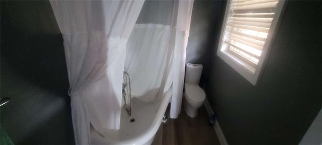 bathroom featuring a shower with shower curtain and toilet