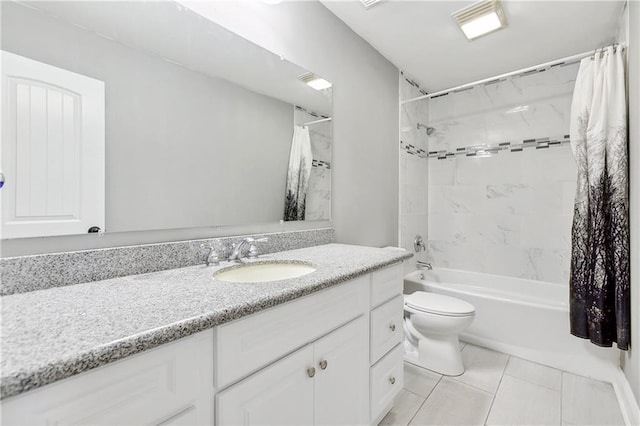 full bathroom with tile patterned flooring, vanity, shower / tub combo, and toilet