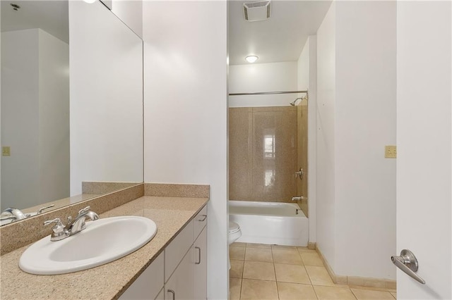 full bathroom with shower / tub combination, tile patterned floors, toilet, and vanity