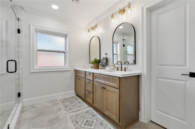 bathroom with vanity, walk in shower, and crown molding