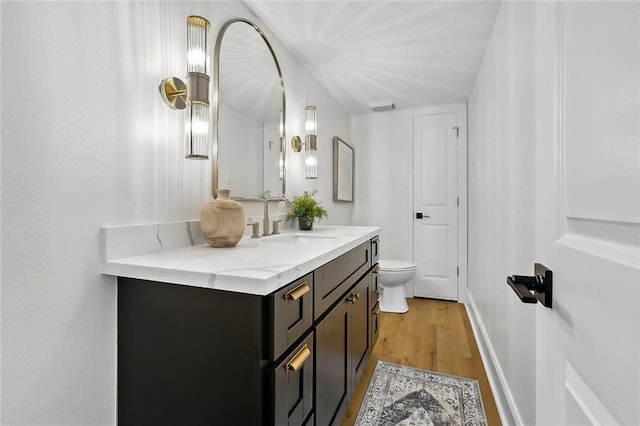 bathroom with vanity, toilet, and wood-type flooring