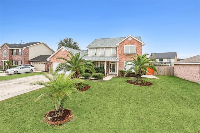 view of front of house with a garage and a front lawn