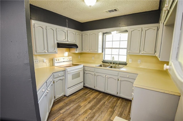 kitchen with a textured ceiling, sink, white electric stove, dark hardwood / wood-style floors, and white cabinetry