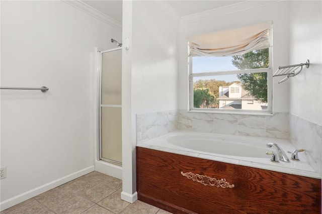 bathroom featuring tile patterned flooring, crown molding, and independent shower and bath