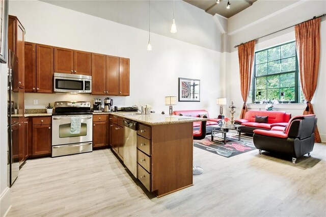1201 Canal St Unit 271, New Orleans, LA 70112 - kitchen with appliances with stainless steel finishes, a towering ceiling, a peninsula, light wood finished floors, and a sink