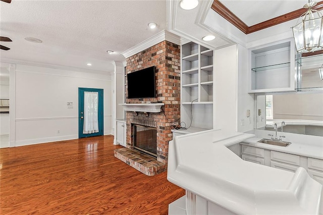 living room featuring sink, built in shelves, crown molding, and dark wood-type flooring