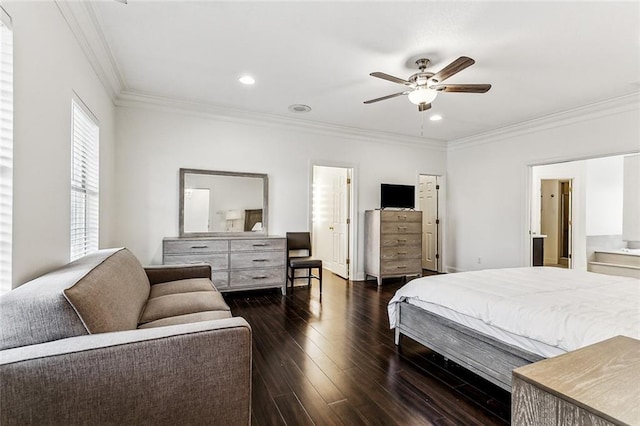 bedroom with ensuite bathroom, ceiling fan, ornamental molding, and dark hardwood / wood-style floors