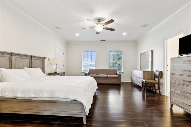 bedroom featuring ceiling fan, crown molding, and dark wood-type flooring