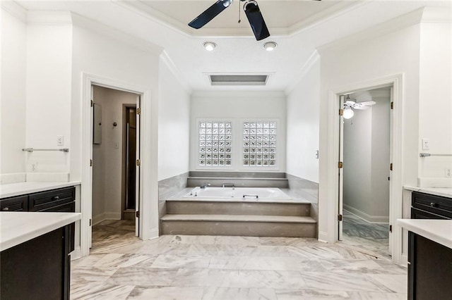 bathroom with vanity, ceiling fan, a bathtub, and crown molding