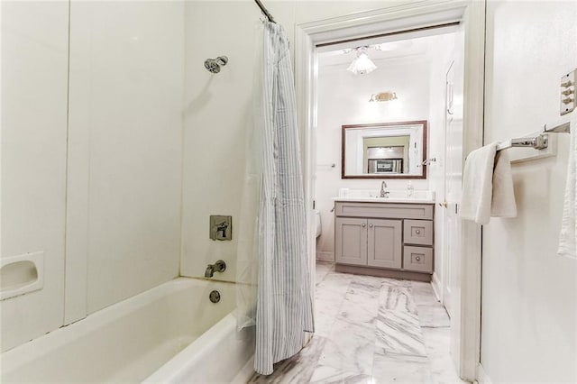 bathroom with vanity and shower / tub combo with curtain