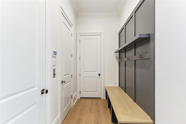 mudroom featuring crown molding and light wood-type flooring