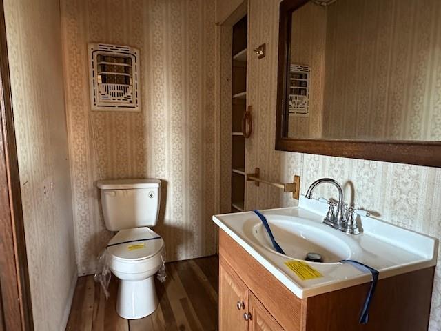 bathroom with vanity, toilet, and wood-type flooring