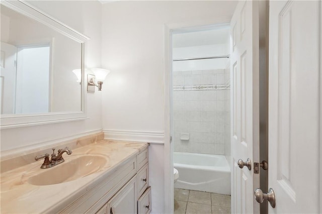 full bathroom with tile patterned flooring, vanity, toilet, and tiled shower / bath