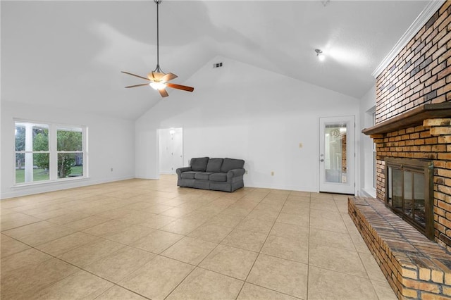 unfurnished living room featuring a fireplace, high vaulted ceiling, ceiling fan, and light tile patterned flooring