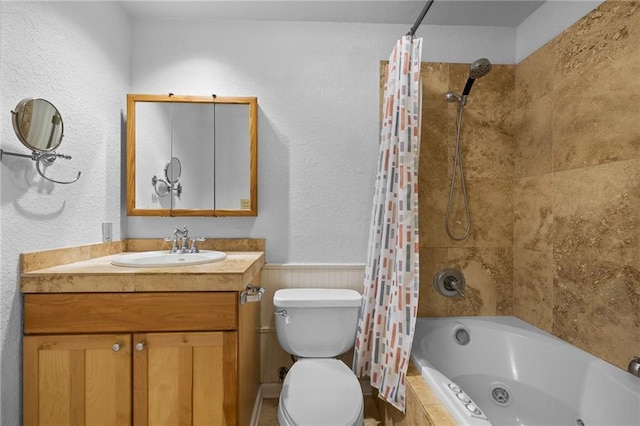 full bathroom featuring vanity, toilet, and shower / bathtub combination with curtain