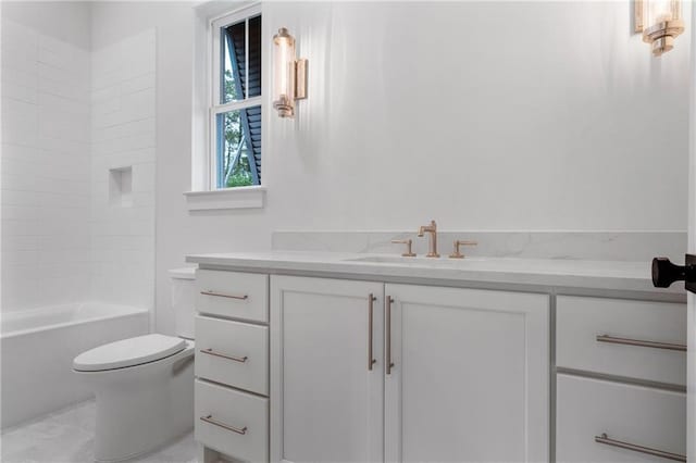 full bathroom with vanity,  shower combination, and toilet