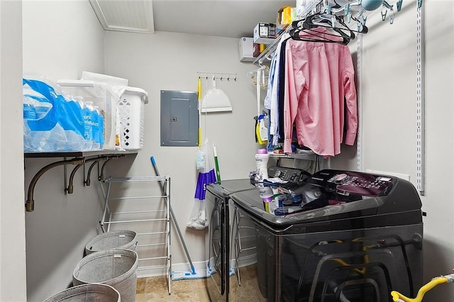 washroom featuring electric panel and washing machine and clothes dryer