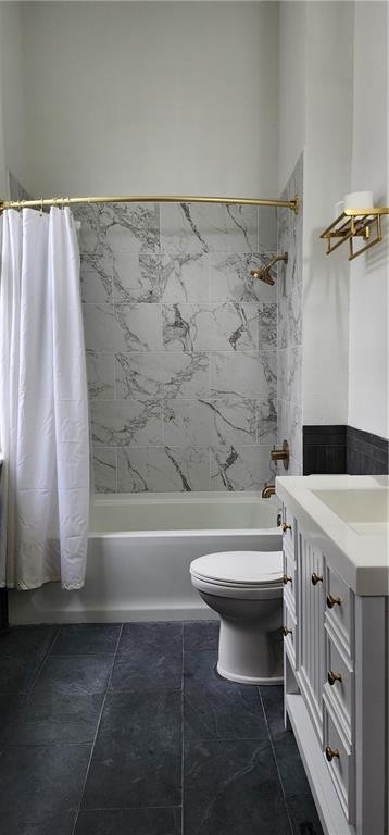 full bathroom with tile patterned flooring, vanity, toilet, and shower / bathtub combination with curtain