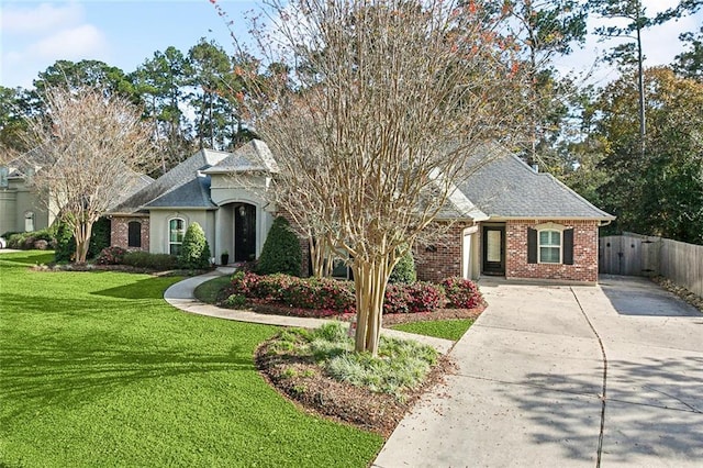 french country inspired facade with a front yard