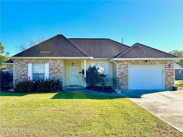 single story home featuring a front yard, an attached garage, concrete driveway, and roof with shingles