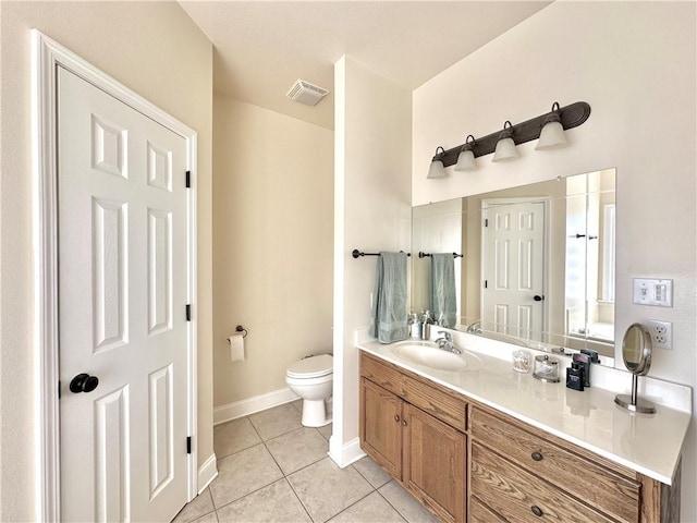 bathroom with visible vents, baseboards, toilet, tile patterned floors, and vanity