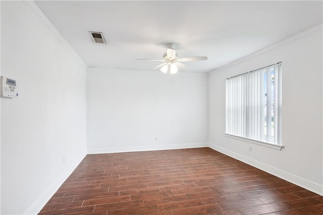 unfurnished room with ceiling fan, dark hardwood / wood-style flooring, a healthy amount of sunlight, and ornamental molding