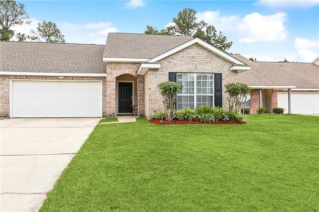 ranch-style house featuring a garage and a front lawn