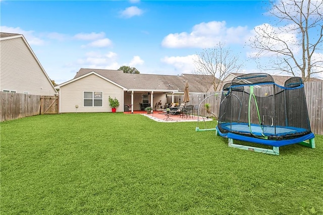 rear view of property featuring a patio, a trampoline, and a lawn