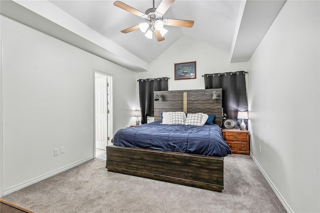 bedroom featuring light colored carpet, ceiling fan, and lofted ceiling