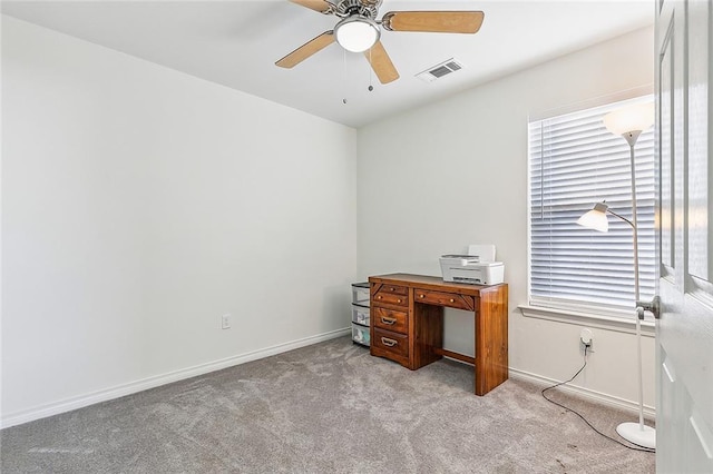 office with ceiling fan and light colored carpet