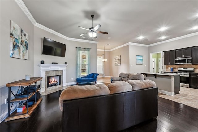 living room with a fireplace, crown molding, dark hardwood / wood-style flooring, and ceiling fan with notable chandelier