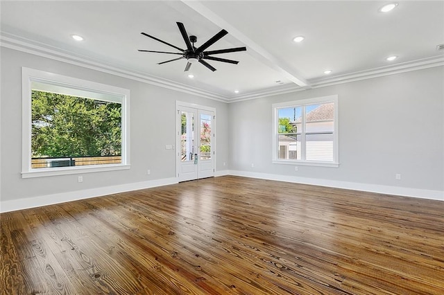 spare room with beamed ceiling, ceiling fan, wood-type flooring, and crown molding