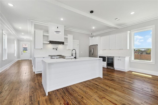 kitchen featuring white cabinetry, stainless steel fridge with ice dispenser, dark wood-type flooring, and wine cooler