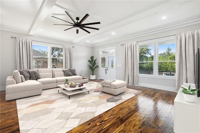 unfurnished living room with french doors, crown molding, hardwood / wood-style flooring, ceiling fan, and beamed ceiling