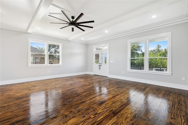 empty room featuring dark wood-type flooring, french doors, crown molding, ceiling fan, and beamed ceiling