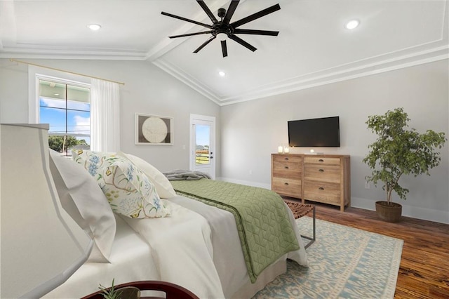 bedroom featuring multiple windows, lofted ceiling with beams, ceiling fan, and dark wood-type flooring