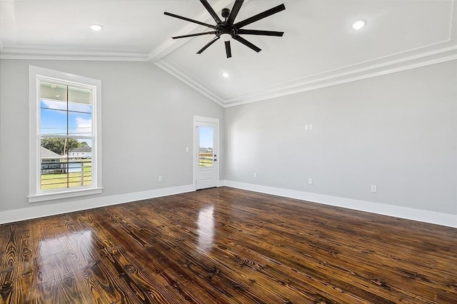 empty room featuring vaulted ceiling with beams, ceiling fan, and wood-type flooring