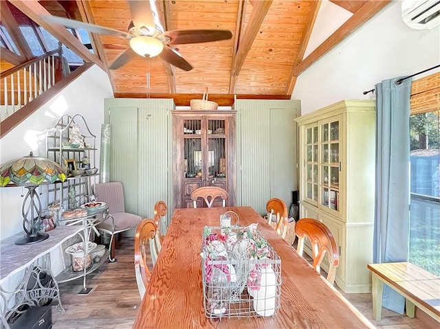 dining area featuring wood ceiling, hardwood / wood-style flooring, ceiling fan, a wall mounted air conditioner, and lofted ceiling with beams