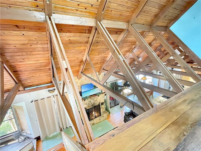 details with beamed ceiling, wood-type flooring, and wood ceiling