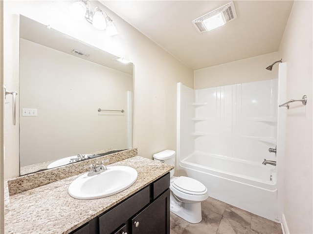 full bathroom with bathtub / shower combination, tile patterned floors, vanity, and toilet